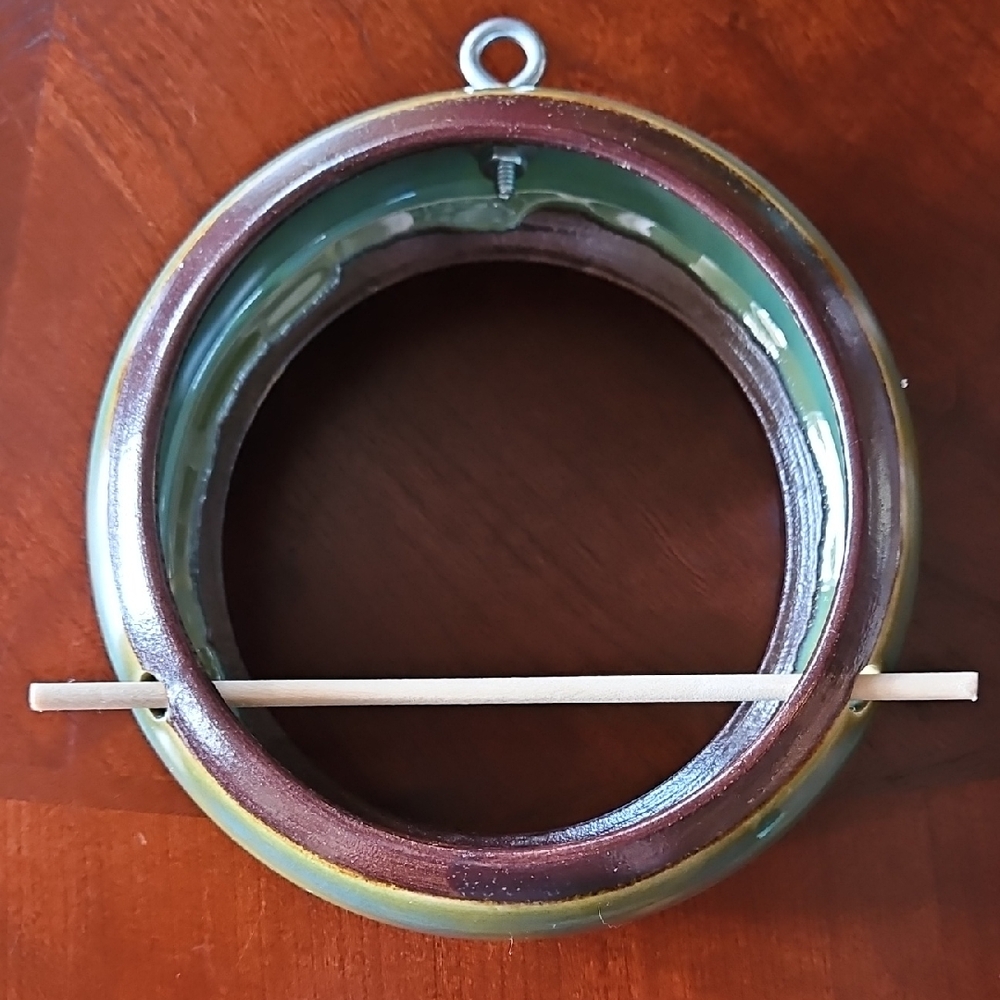 Handcrafted Ceramic Hanging Fly-Through Bird Feeder w/Perch - Green/Brown Glaze
